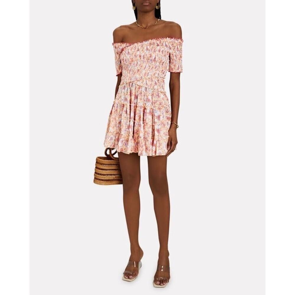 NWT Poupette St. Barth Soledad Ruched Mini Dress Yellow Orange Floral Medium
